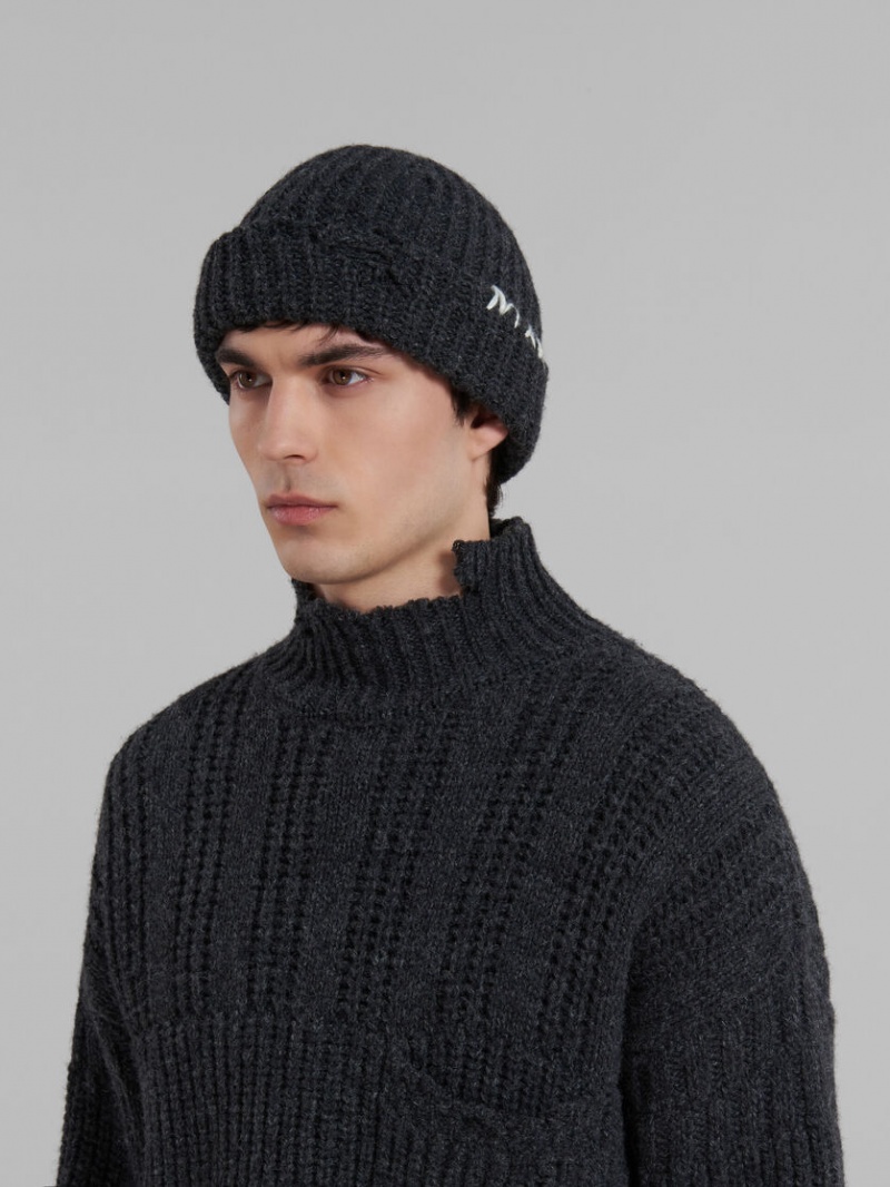 Marni Πλευρωτός Beanie With Hand-stitched Logo σκούρο γκρι | PGRQX41310