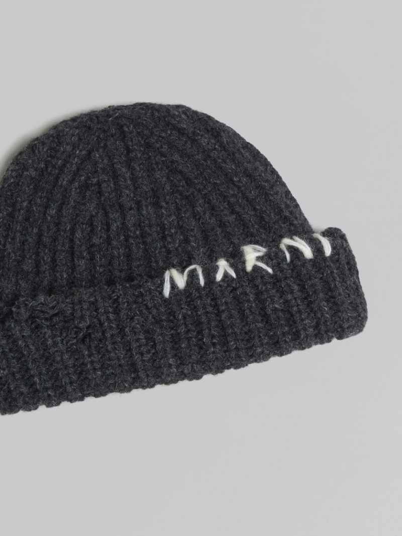 Marni Πλευρωτός Beanie With Hand-stitched Logo σκούρο γκρι | PGRQX41310