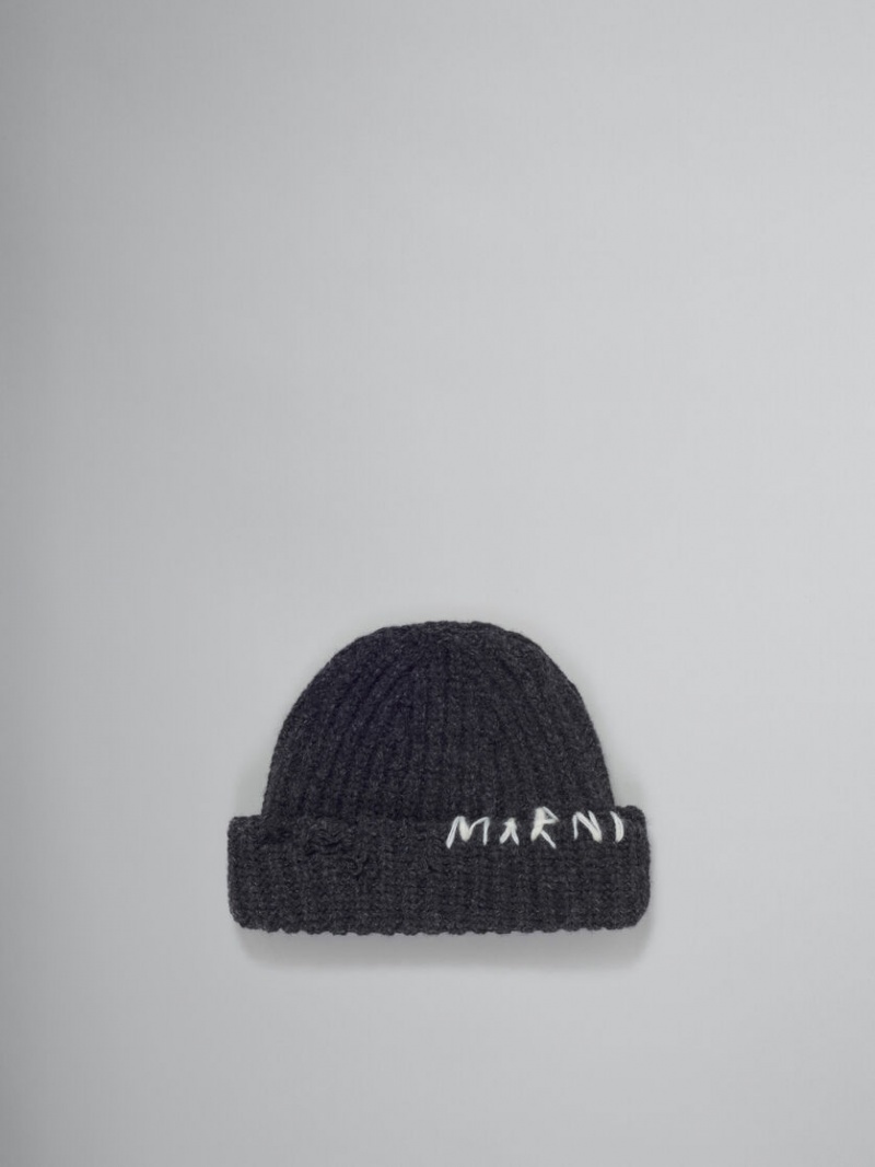 Marni Πλευρωτός Beanie With Hand-stitched Logo σκούρο γκρι | PGRQX41310